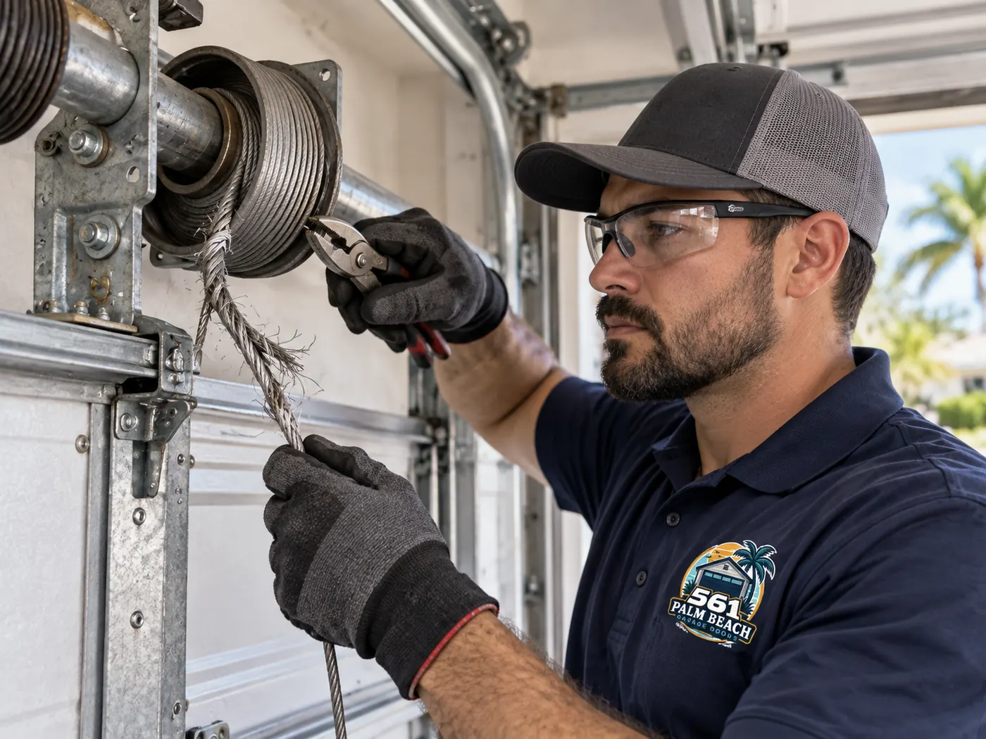 Close-up of a technician in gloves holding a frayed garage door lift cable next to the drum