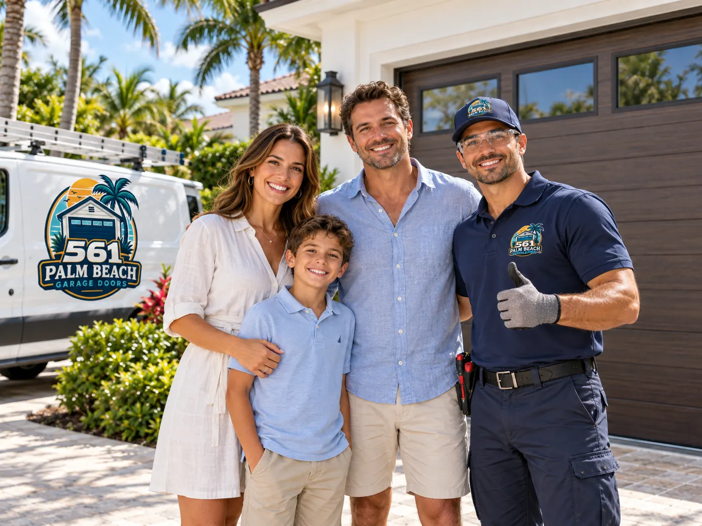 561 technician giving a thumbs-up next to a smiling family in front of their garage and the company van