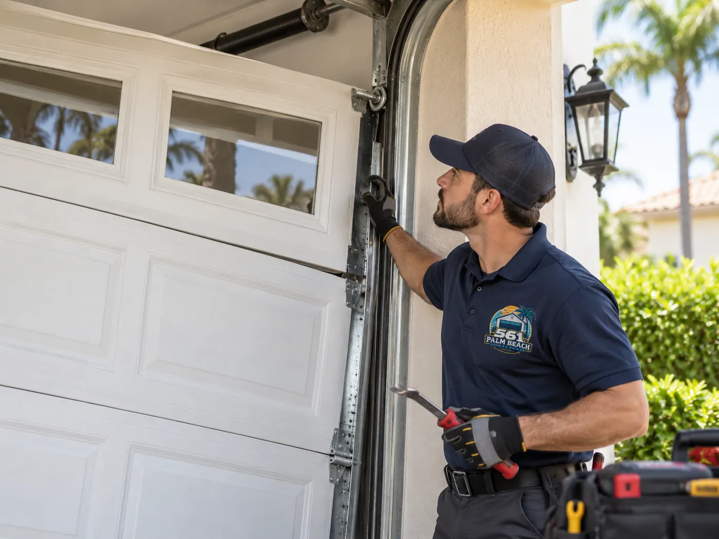 561 technician checking the vertical track and rollers of a white garage door