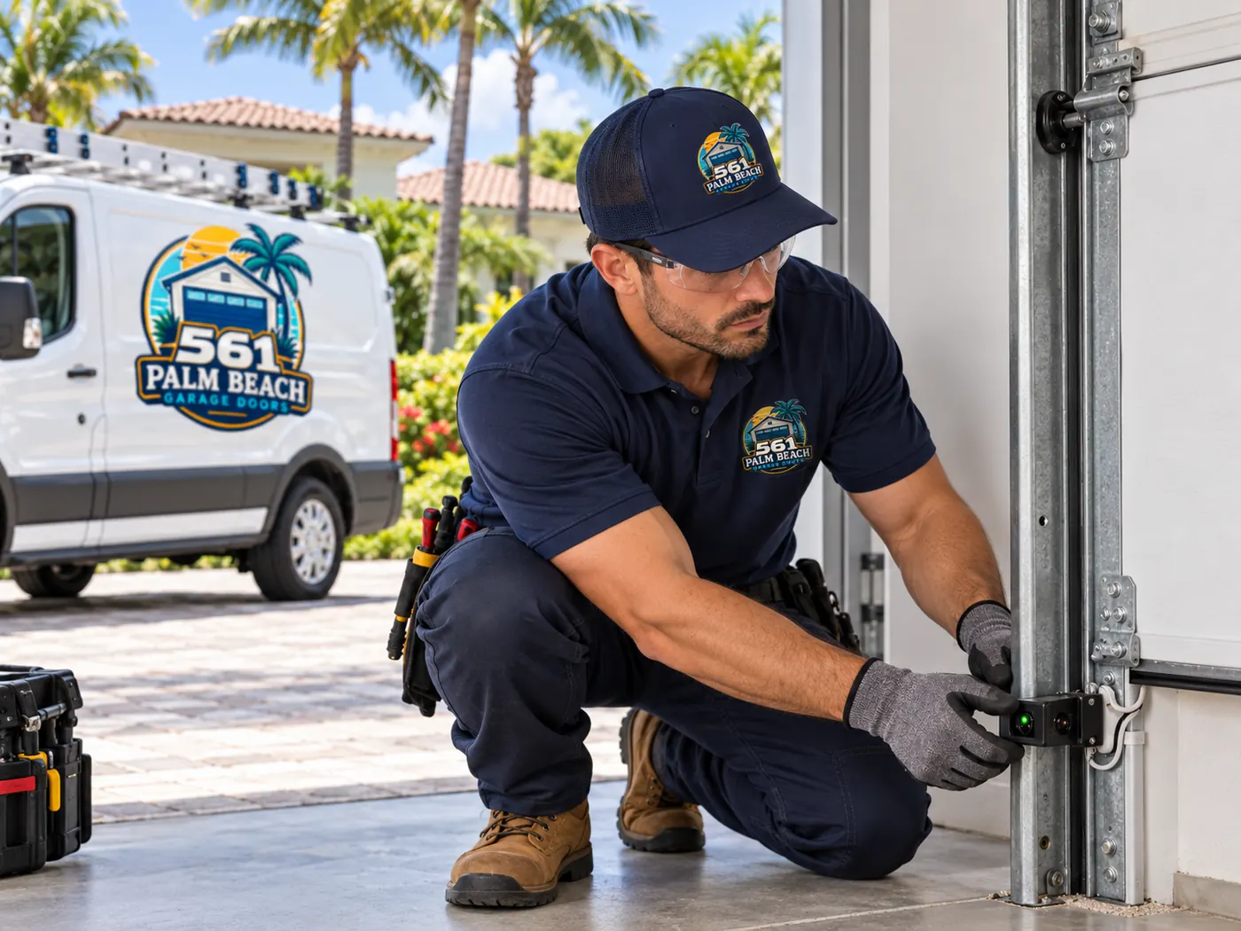 Technician kneeling to align a garage door safety sensor near the floor