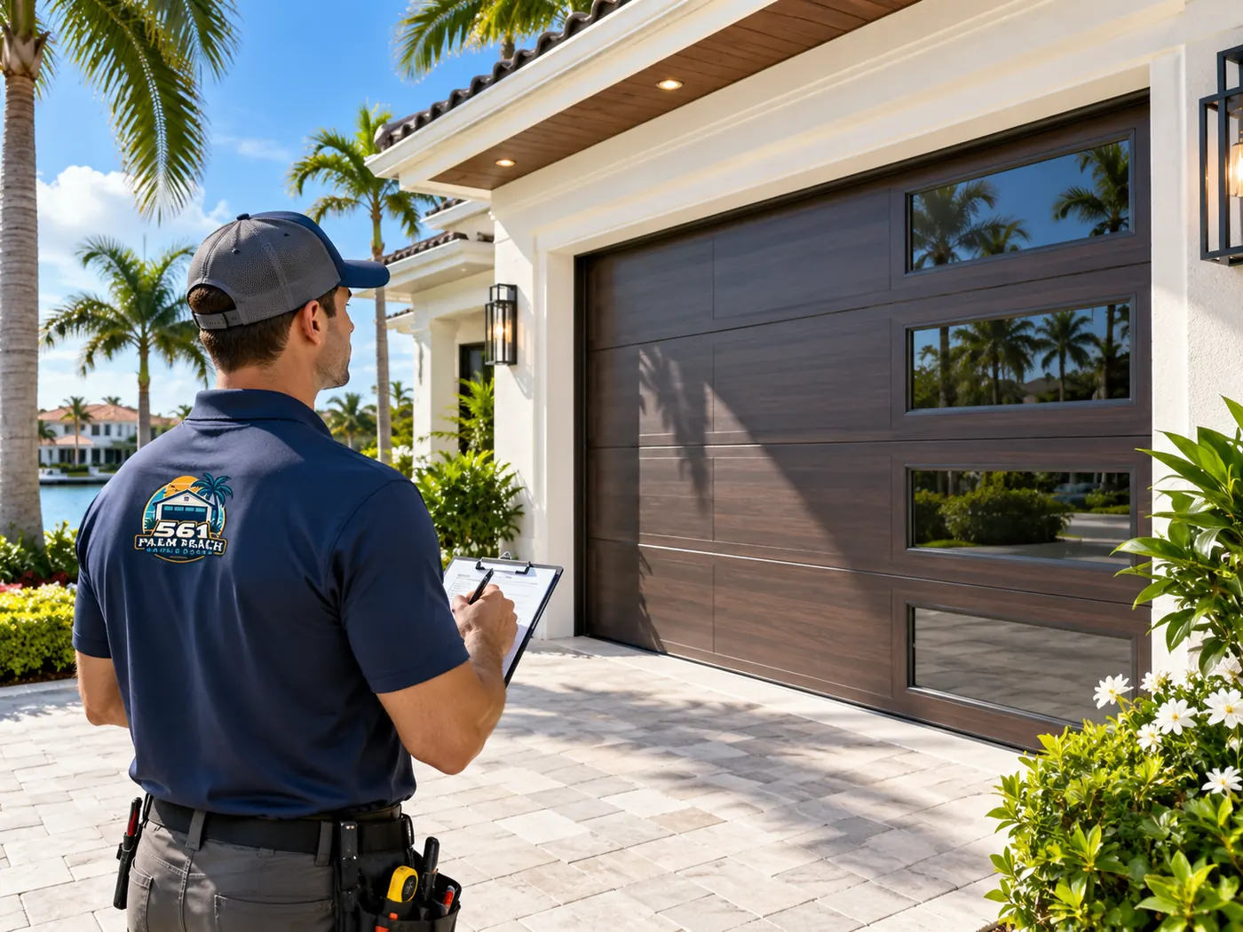 Technician with a clipboard assessing a modern brown garage door with glass windows